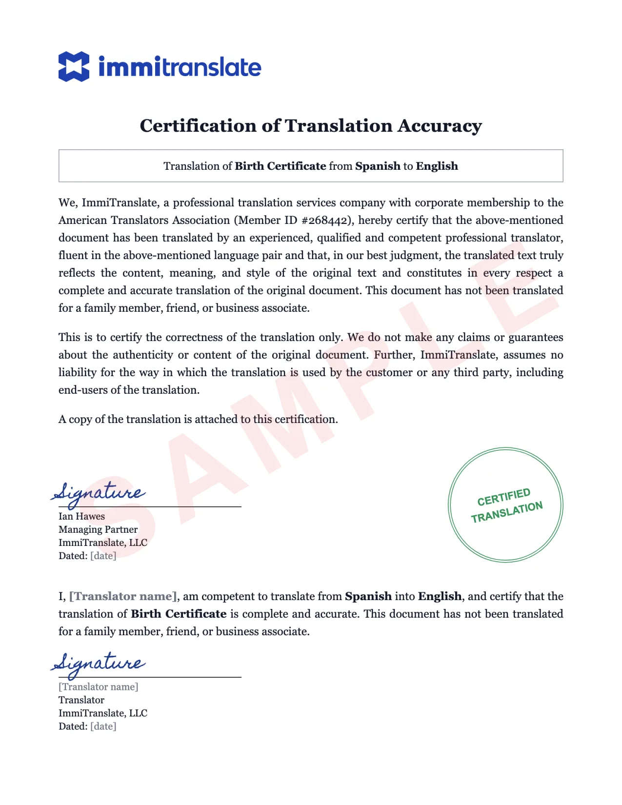 What is a certified translation: sample certificate of accuracy for a Spanish birth certificate