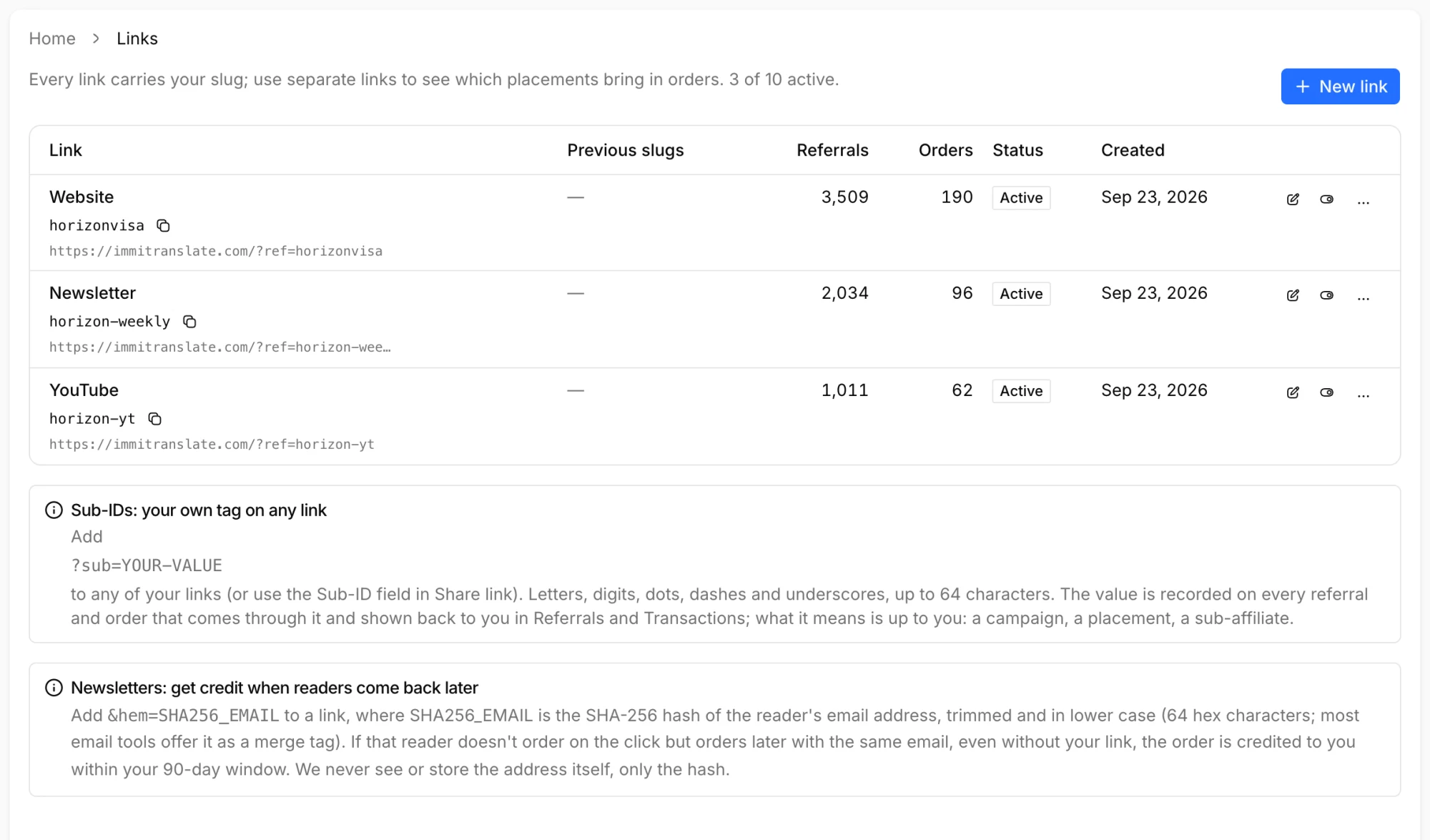 The links page: a website, newsletter and YouTube link, each with its own referrals and orders