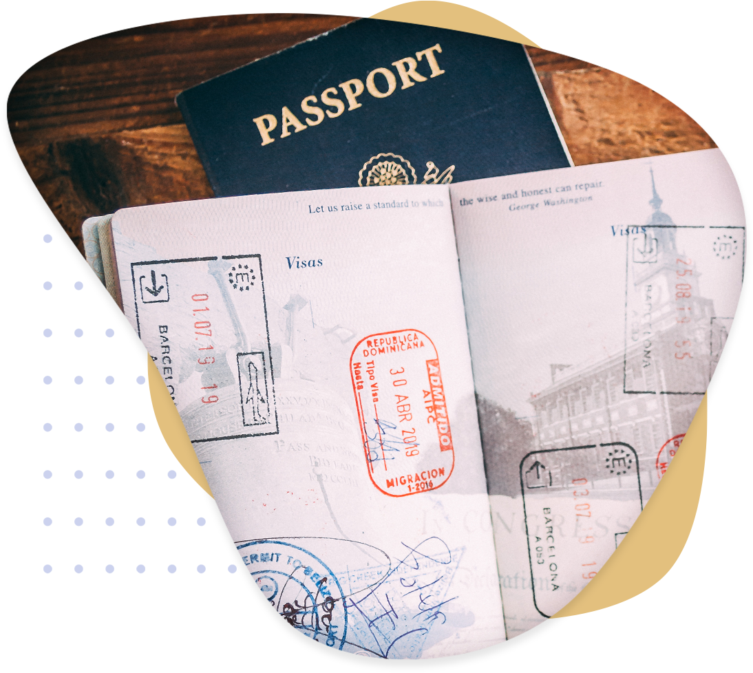A stylized passport with stamps.